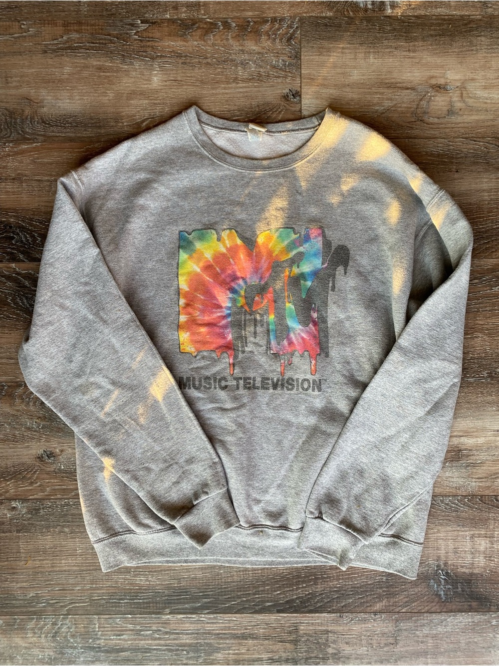 Jerzees Gray Crewneck Sweatshirt with Rainbow Tie-Dye Logo